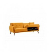 BONNY - Canapé droit 3 places convertible en tissu pieds bois clair - Jaune